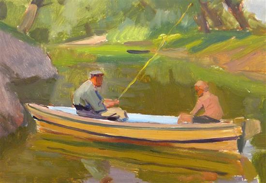 Jevhen Nisonovyc Levin (1922-1993) Anglers in a boat, 9 x 13in.